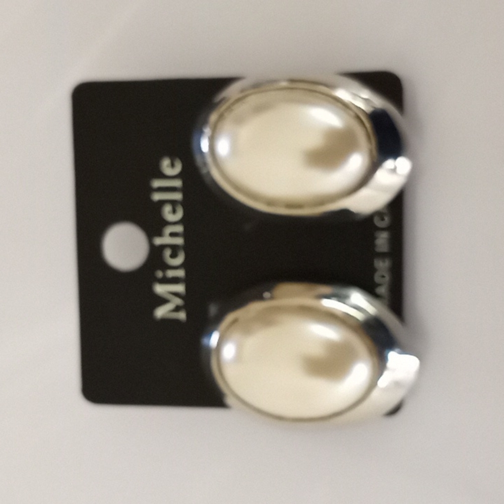 White Simulated Pearl Oval Clip On Earrings